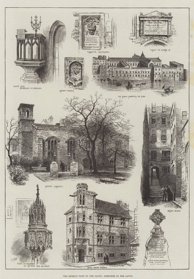 Het bezoek van de koningin aan de Savoy, Schetsen in de Savoy door Alfred Robert Quinton
